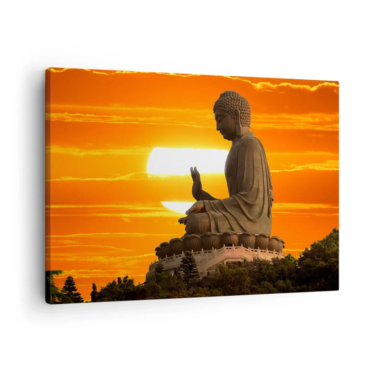 Tablou pe pânză Canvas - O statuie budistă pe fundalul unui apus de soare portocaliu - 70x50cm - Fără frică de lume - Decorațiune modernă pentru perete pentru living și dormitor ARTTOR