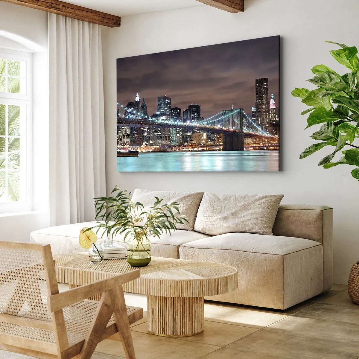 Tablou pe pânză Canvas - Podul iluminat noaptea pe fundalul panoramei moderne a orașului - 70x50cm - Luminile marelui oraș - Decorațiune modernă pentru perete pentru living și dormitor ARTTOR