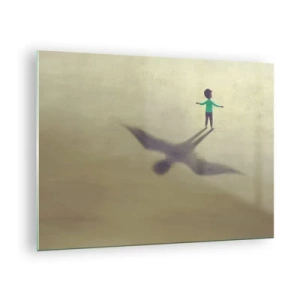 Tablou pe sticlă - Un băiat cu o umbră în formă de pasăre pe un fundal bej - 70x50cm - Eroul viitorului - Decorațiune modernă pentru perete pentru living și dormitor ARTTOR