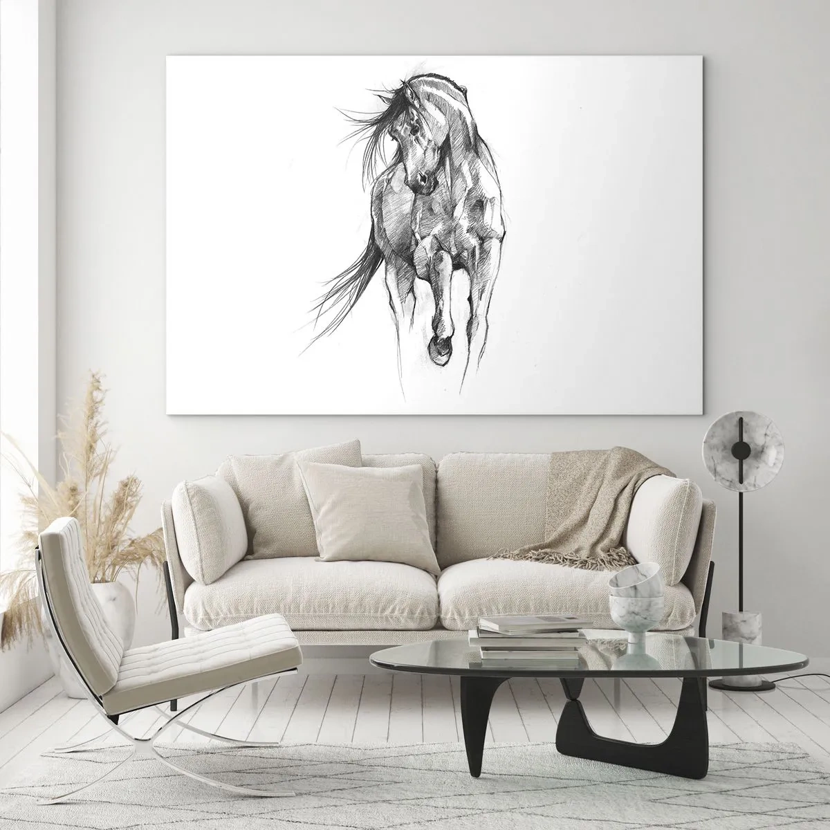 Tablou pe sticlă - O schiță a unui cal în galop într-un stil minimalist - 70x50cm - Într-un trap grațios - Decorațiune modernă pentru perete pentru living și dormitor ARTTOR