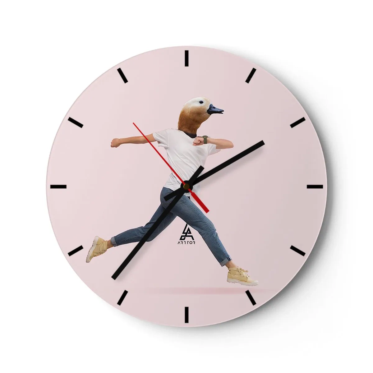 Ceas de perete - Ceas pe sticlă - O figură în mișcare cu un cap de pasăre pe un fundal luminos - 30x30cm - Un strop de absurditate - Decorațiune modernă pentru perete pentru living, bucătărie și dormitor ARTTOR