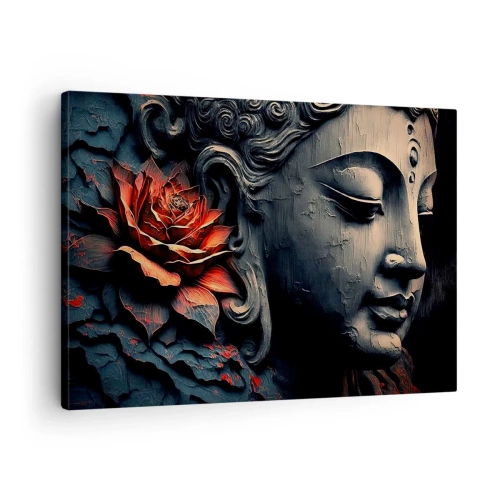 Tablou pe pânză Canvas - Sculptură de Buddha cu o floare de lotus roșie - 70x50cm - În ton cu lumea - Decorațiune modernă pentru perete pentru living și dormitor ARTTOR
