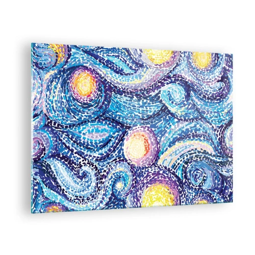 Tablou pe sticlă - O interpretare abstractă a Nopții Înstelate în culori intense - 70x50cm - Dintr-un tablou de van Gogh - Decorațiune modernă pentru perete pentru living și dormitor ARTTOR