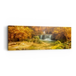 Tablou pe pânză - Cascadă de pădure în aur - 90x30 cm