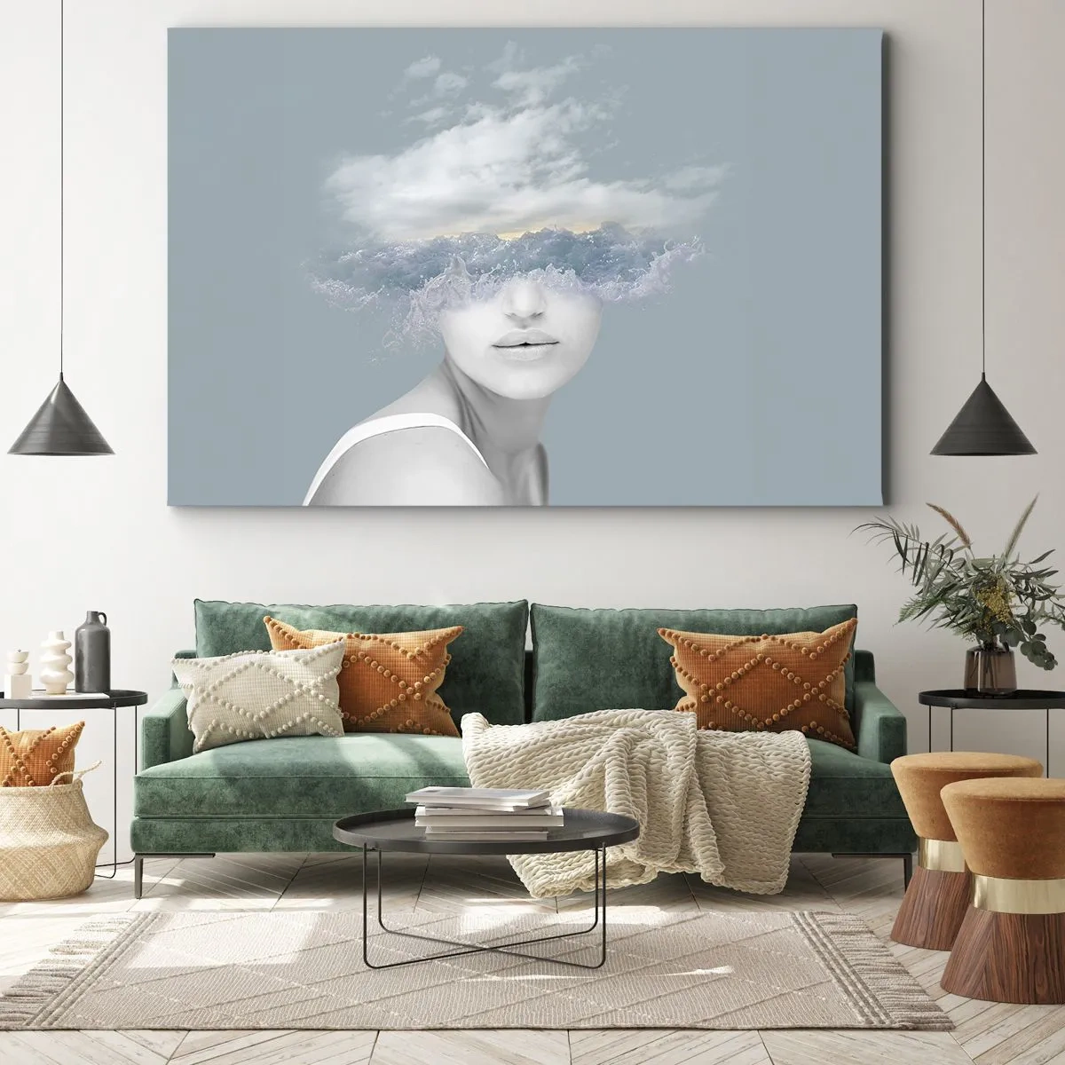 Tablou pe pânză Canvas - Portretul unei femei cu fața ascunsă în spatele norilor și valurilor - 70x50cm - Cu capul în nori - Decorațiune modernă pentru perete pentru living și dormitor ARTTOR