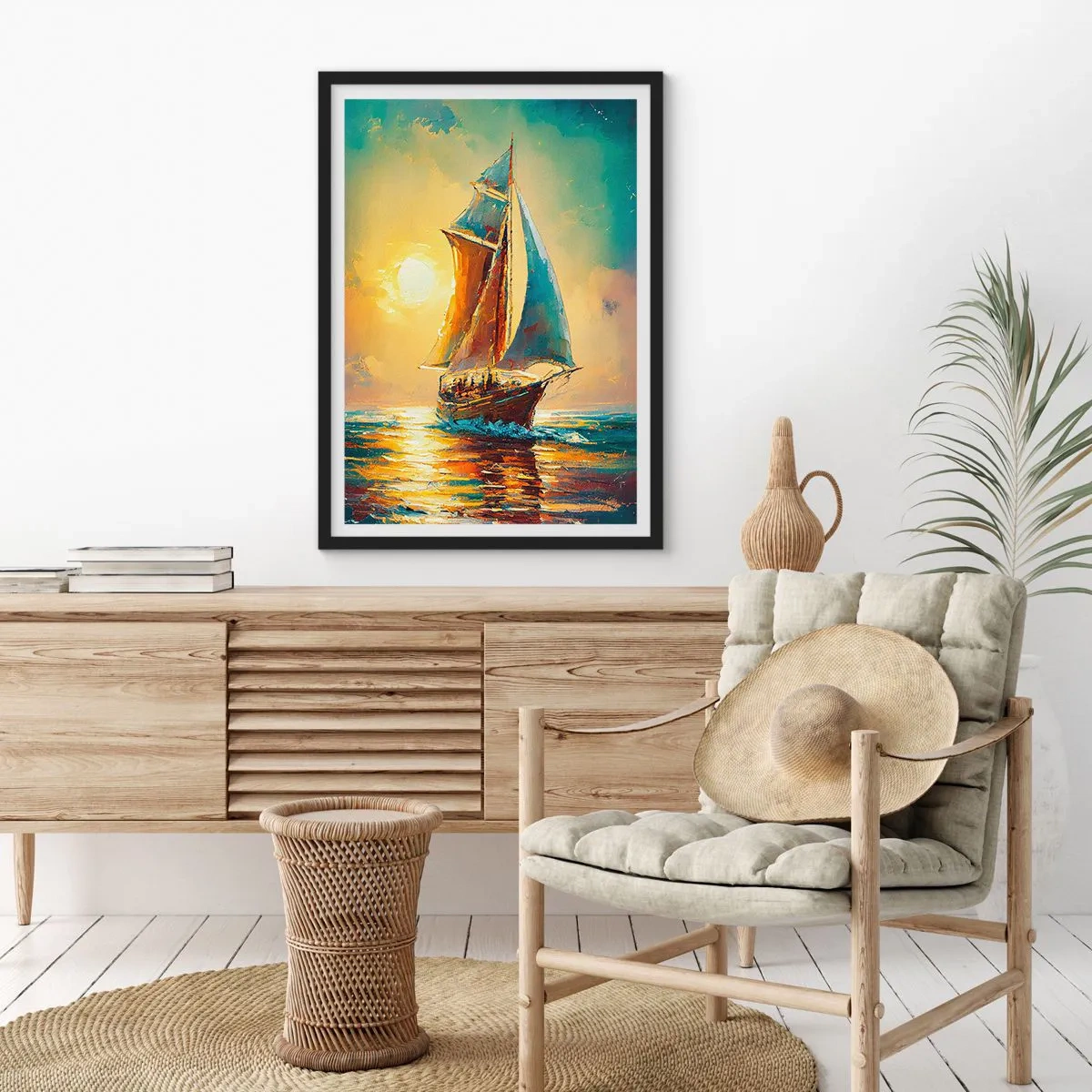 Poster în ramă neagră - O corabie cu pânze pe fundalul unui apus de soare auriu - 50x70cm - Pânzele umflate de vânt - Decorațiune modernă pentru perete pentru living și dormitor ARTTOR