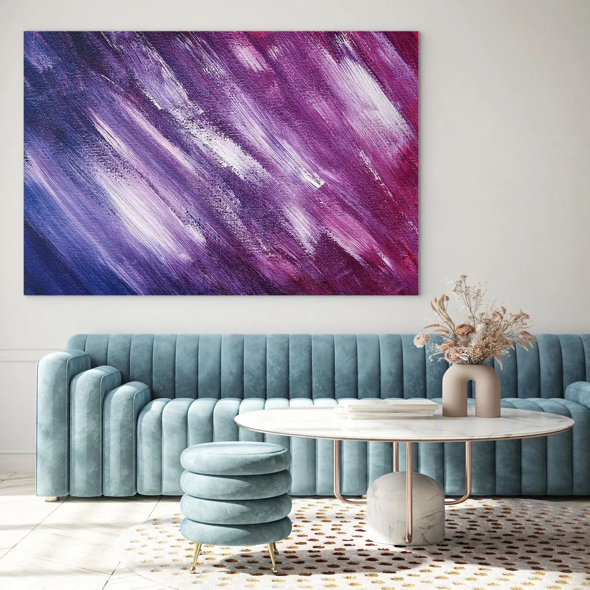 Tablou pe sticlă - Pictură abstractă în nuanțe de violet și alb - 70x50cm - Când bate vântul însorit - Decorațiune modernă pentru perete pentru living și dormitor ARTTOR