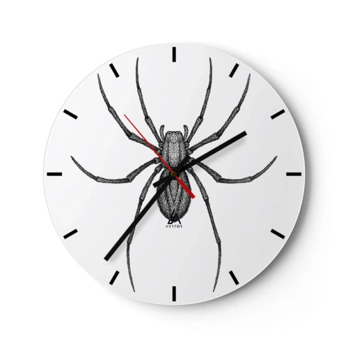 Ceas de perete - Ceas pe sticlă - Ilustrație alb-negru a unui păianjen pe fundal alb - 30x30cm - Precizie tulburătoare - Decorațiune modernă pentru perete pentru living, bucătărie și dormitor ARTTOR