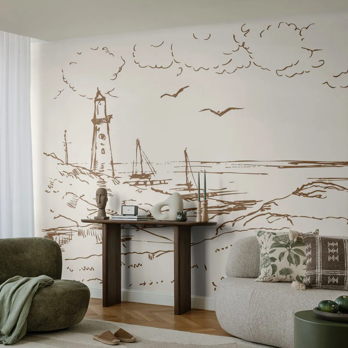 Tapet Premium Sand - Schiță de amintiri de vară - Grafică, Coasta, Far - 100x70 cm