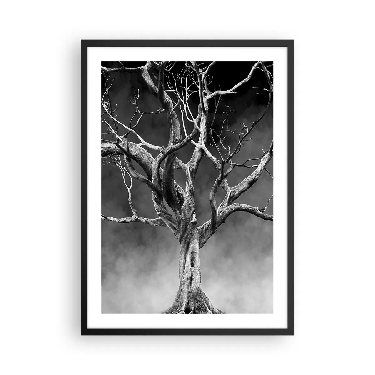 Poster în ramă neagră - Imagine alb-negru a unui copac pe un fundal de ceață - 50x70cm - Primare și sacre - Decorațiune modernă pentru perete pentru living și dormitor ARTTOR