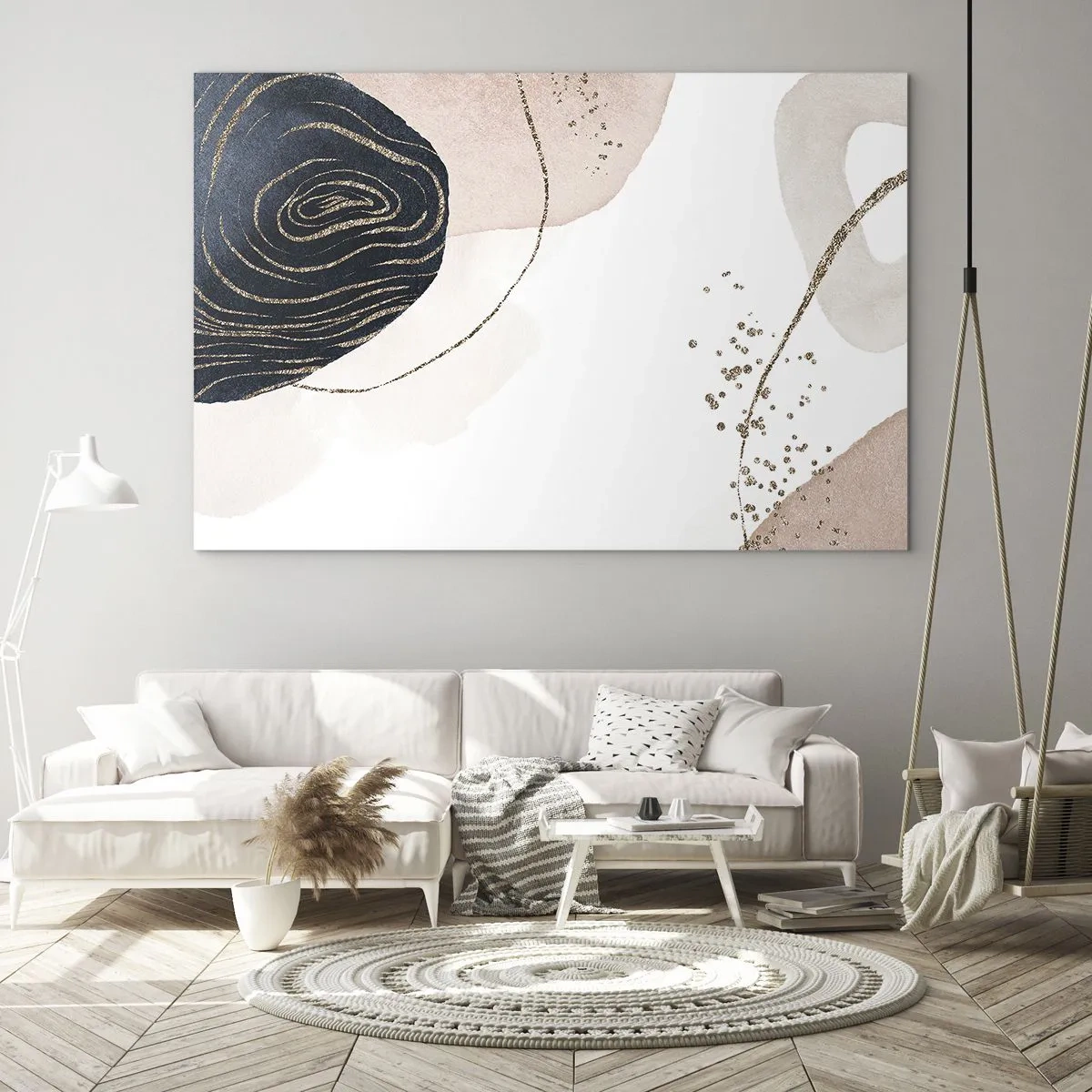 Tablou pe sticlă - Forme abstracte cu accente aurii - 70x50cm - Totul curge - Decorațiune modernă pentru perete pentru living și dormitor ARTTOR