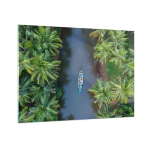 Tablou pe sticlă - O vedere de sus a unei bărci care navighează printr-un canal printre palmieri tropicali - 70x50cm - Pe traseul tropical - Decorațiune modernă pentru perete pentru living și dormitor ARTTOR