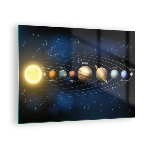 Tablou pe sticlă - Sistemul solar cu planete și stele în fundal - 70x50cm - Una din zece - Decorațiune modernă pentru perete pentru living și dormitor ARTTOR
