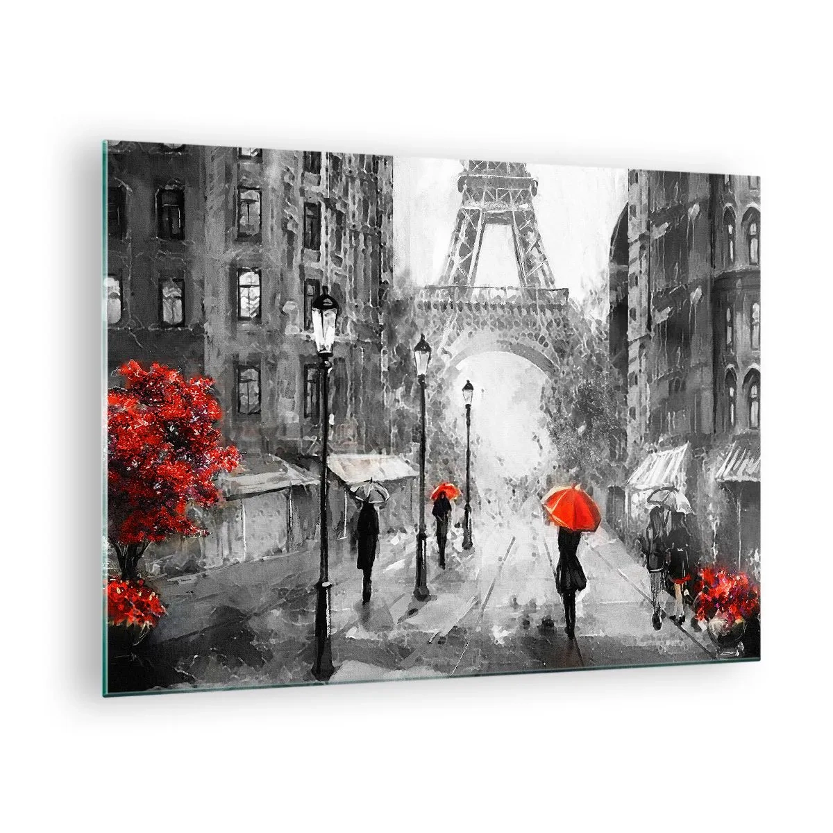 Tablou pe sticlă - Turnul Eiffel într-un peisaj monocromatic cu accente roșii - 70x50cm - Toate drumurile duc la el - Decorațiune modernă pentru perete pentru living și dormitor ARTTOR