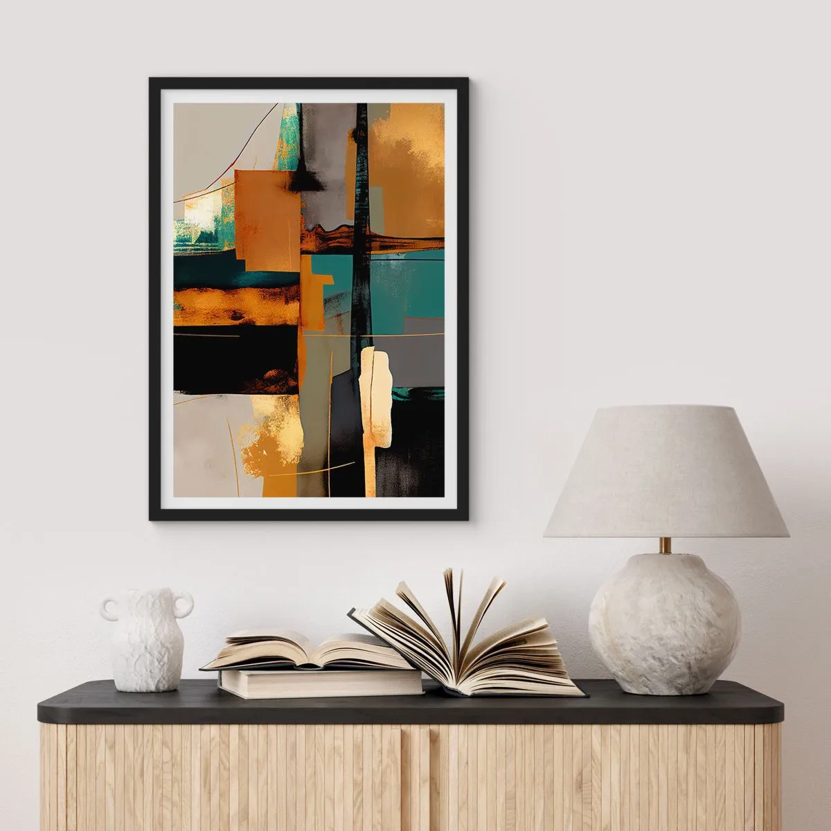 Poster în ramă neagră - compoziție abstractă în nuanțe de auriu și turcoaz - 50x70cm - Abstracția - lumină și umbră - Decorațiune modernă pentru perete pentru living și dormitor ARTTOR