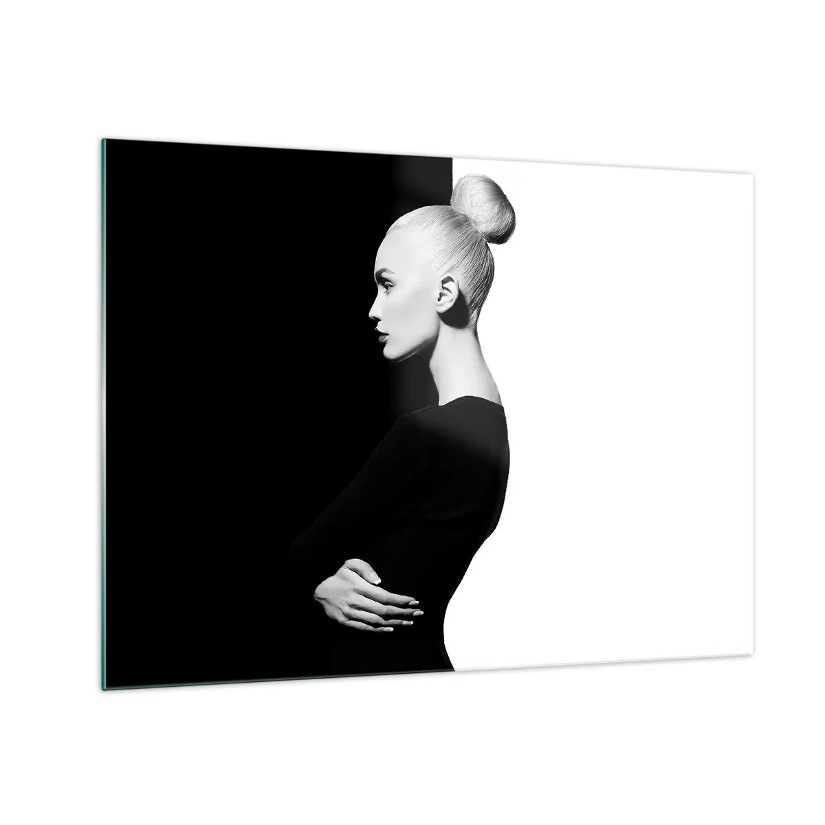 Tablou pe sticlă - Portret alb-negru al unei femei într-un coc elegant - 70x50cm - Pur și simplu o femeie - Decorațiune modernă pentru perete pentru living și dormitor ARTTOR