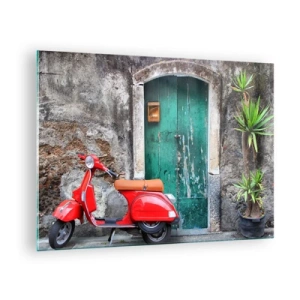Tablou pe sticlă - Scuter roșu pe o ușă verde - 70x50cm - Vacanța italiană - Decorațiune modernă pentru perete pentru living și dormitor ARTTOR
