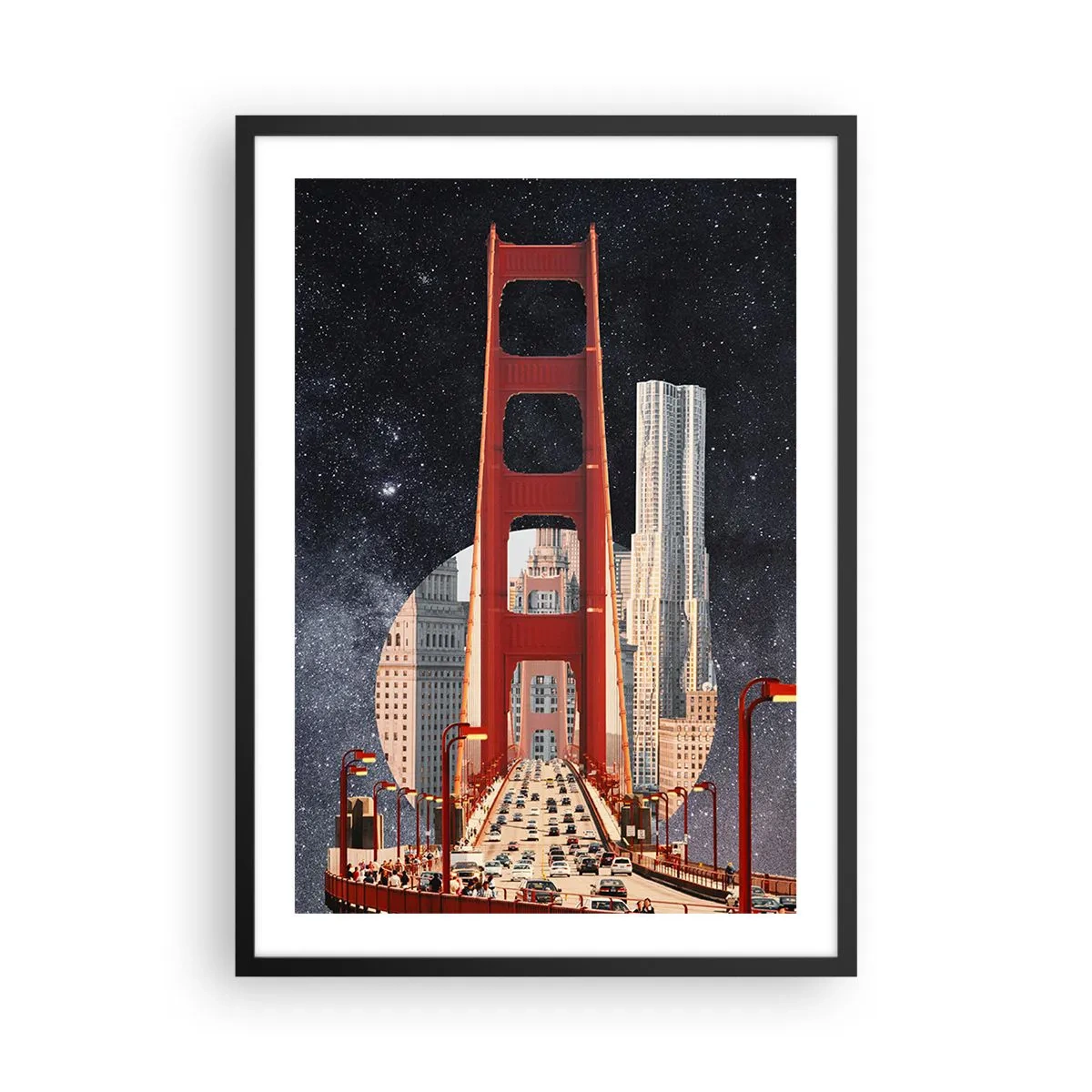 Poster în ramă neagră - Un pod și zgârie-nori pe fundalul cerului înstelat - 50x70cm - Întotdeauna în centru - Decorațiune modernă pentru perete pentru living și dormitor ARTTOR