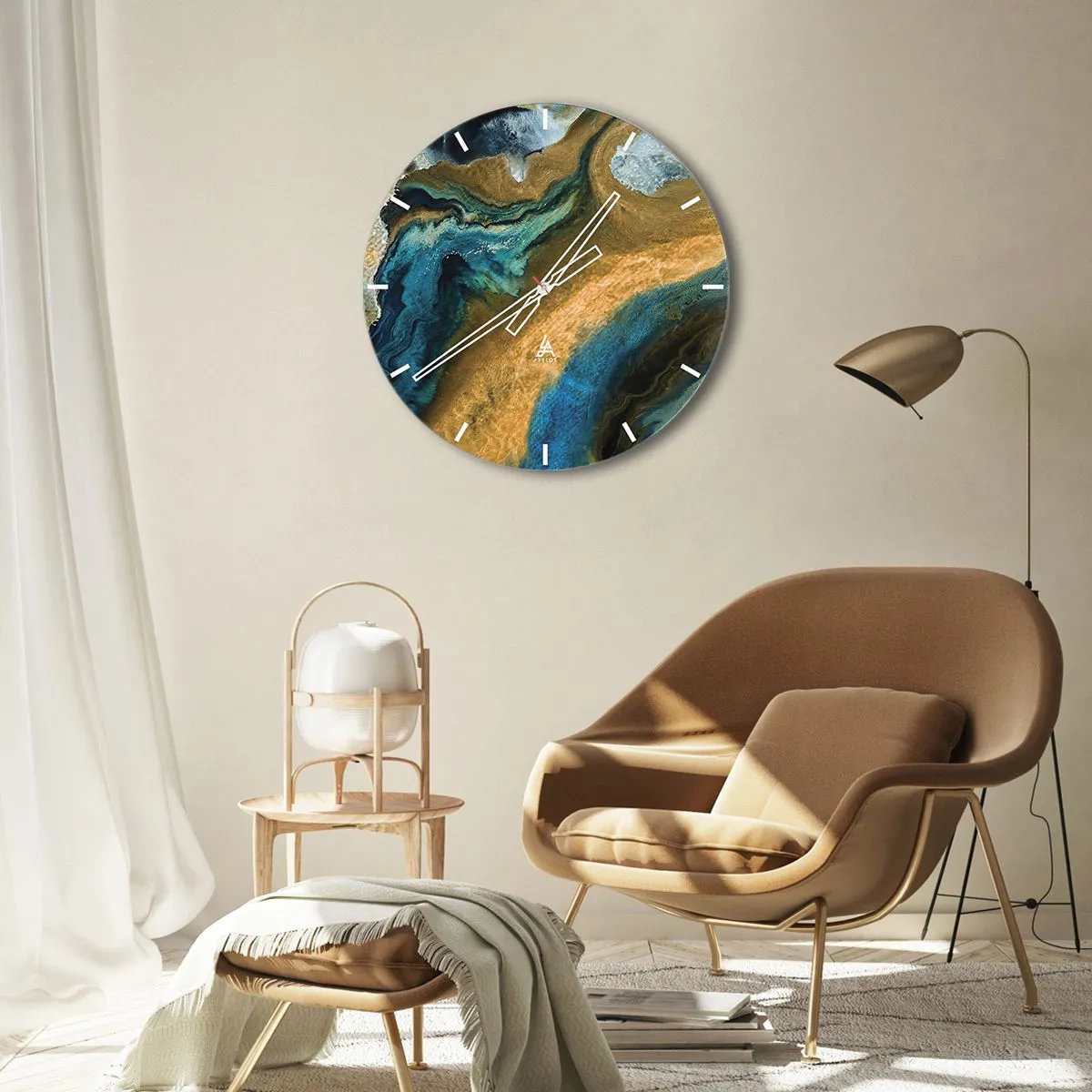 Ceas de perete - Ceas pe sticlă - Model abstract în nuanțe de albastru și auriu - 30x30cm - Albastru - galben - influență reciprocă - Decorațiune modernă pentru perete pentru living, bucătărie și dormitor ARTTOR