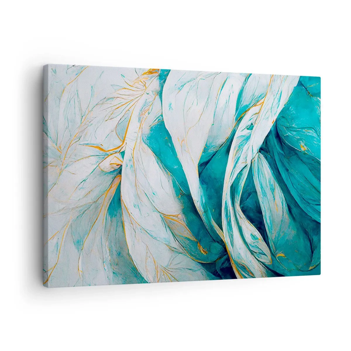 Tablou pe pânză Canvas - Frunze albastre abstracte cu detalii aurii - 70x50cm - Abstractul albastru cu motiv auriu - Decorațiune modernă pentru perete pentru living și dormitor ARTTOR