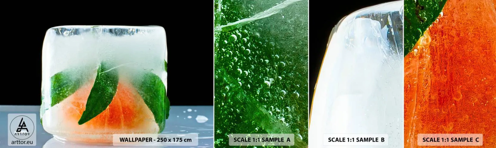 Mostră de Tapet Standard Eco - Proaspăt și răcoros - Cub de gheata, Portocale, Frunza de menta - 100x30 cm