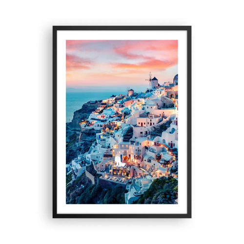 Poster în ramă neagră - Vedere pitorească a caselor iluminate din Santorini la apus - 50x70cm - Vacanța ta grecească - Decorațiune modernă pentru perete pentru living și dormitor ARTTOR