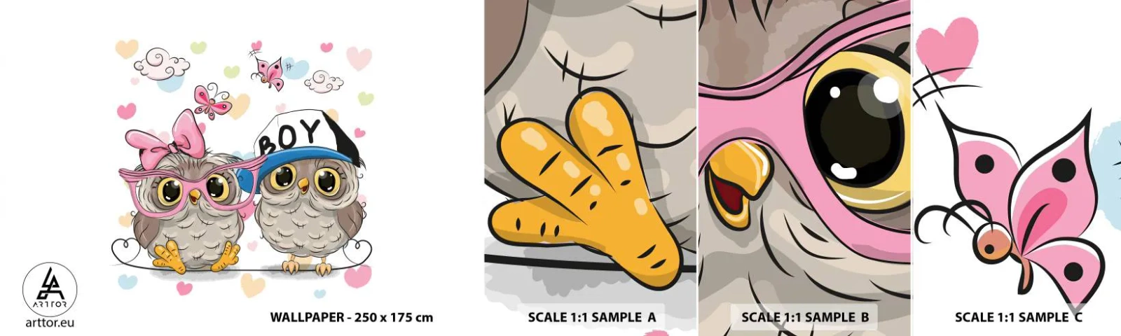 Mostră tapet autocolant Deluxe Sticker - Să ne iubim! - Pentru copii, Bufniţă, Fluture - 100x30 cm