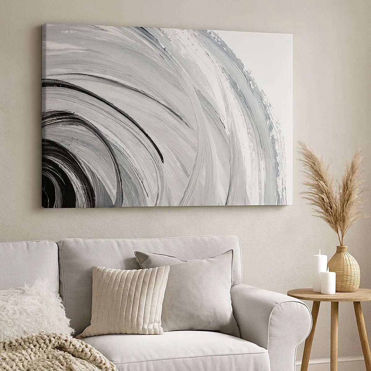 Tablou pe pânză Canvas - Un vârtej monocromatic în nuanțe de gri și negru - 70x50cm - Compoziție orbitală - Decorațiune modernă pentru perete pentru living și dormitor ARTTOR