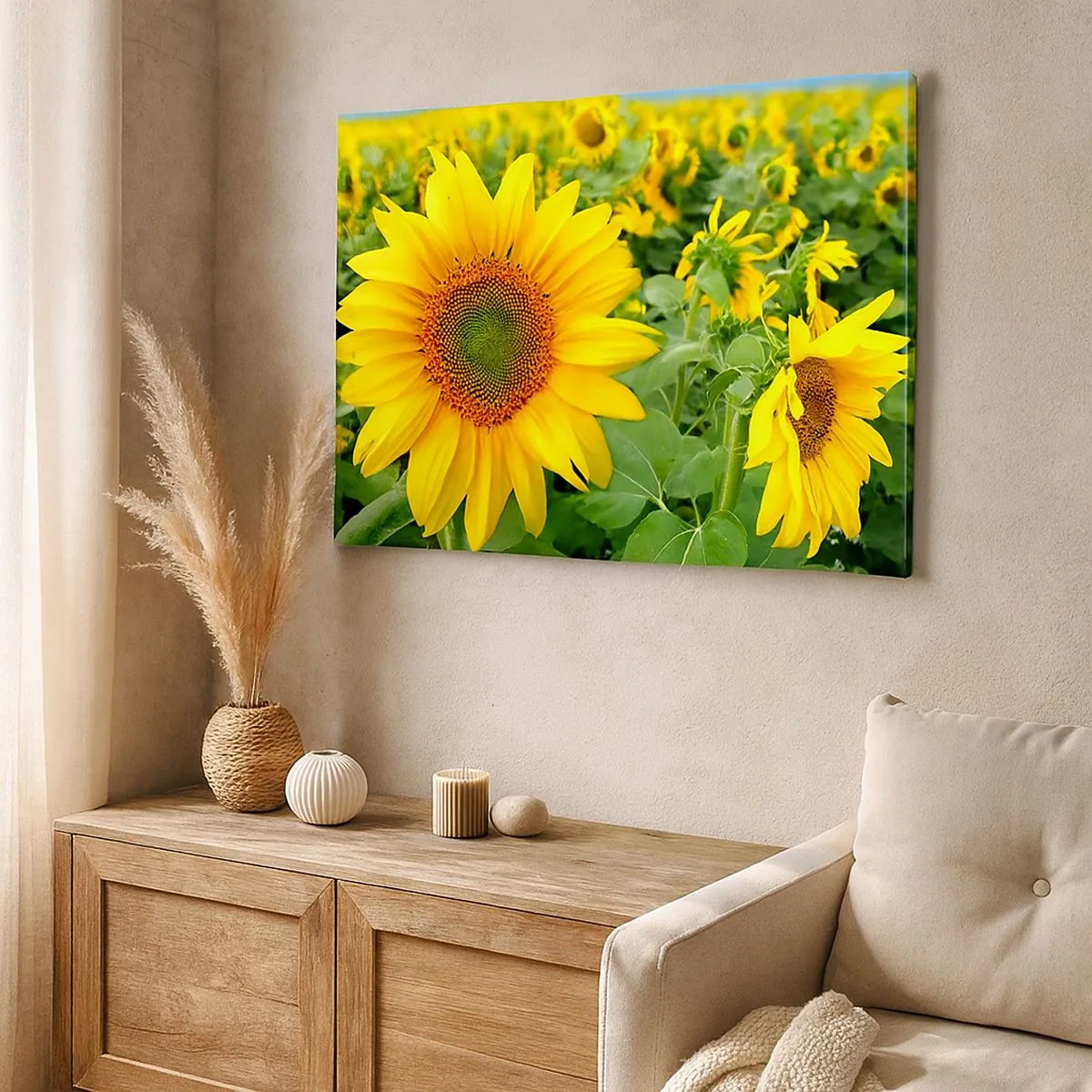 Tablou pe pânză Canvas - Un câmp de floarea-soarelui cu flori galbene pe un fundal de frunze verzi - 70x50cm - Sute de sori se aprind în flăcări - Decorațiune modernă pentru perete pentru living și dormitor ARTTOR