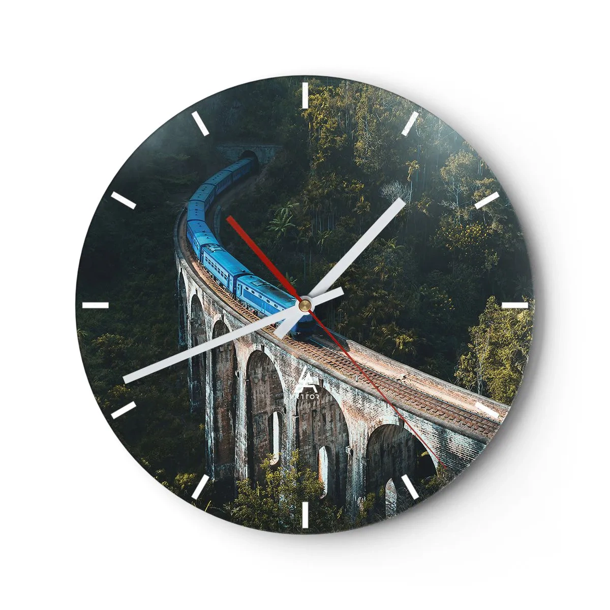 Ceas de perete - Ceas pe sticlă - Un tren pe un viaduct în mijlocul vegetației tropicale - 30x30cm - Cu trenul spre natură - Decorațiune modernă pentru perete pentru living, bucătărie și dormitor ARTTOR