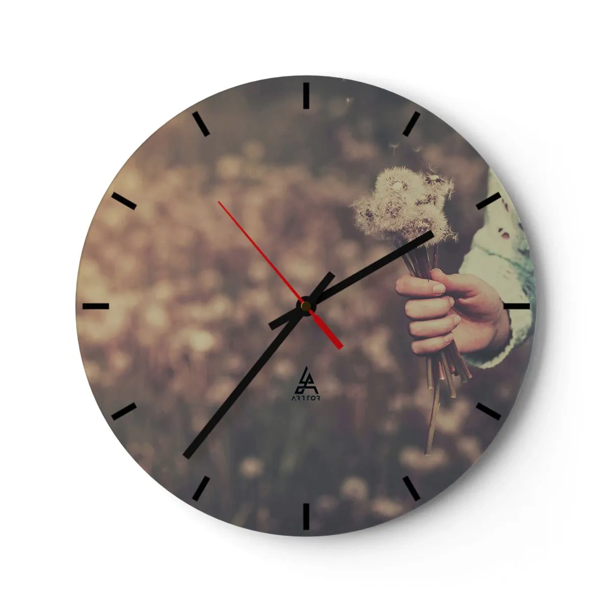 Ceas de perete - Ceas pe sticlă - O mână care ține un buchet de păpădii pe un câmp neclar - 30x30cm - Păstrați-le, vă rog - Decorațiune modernă pentru perete pentru living, bucătărie și dormitor ARTTOR