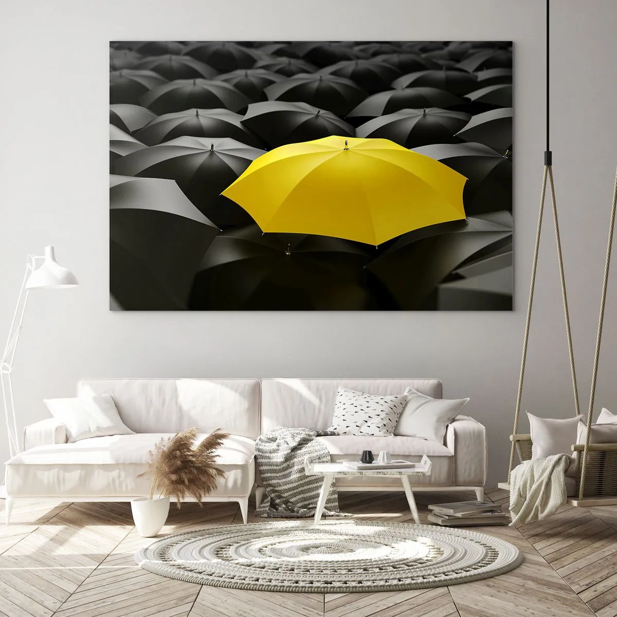 Tablou pe sticlă - O umbrelă galbenă ieșea în evidență printre cele negre - 70x50cm - La revedere, tristețe - Decorațiune modernă pentru perete pentru living și dormitor ARTTOR