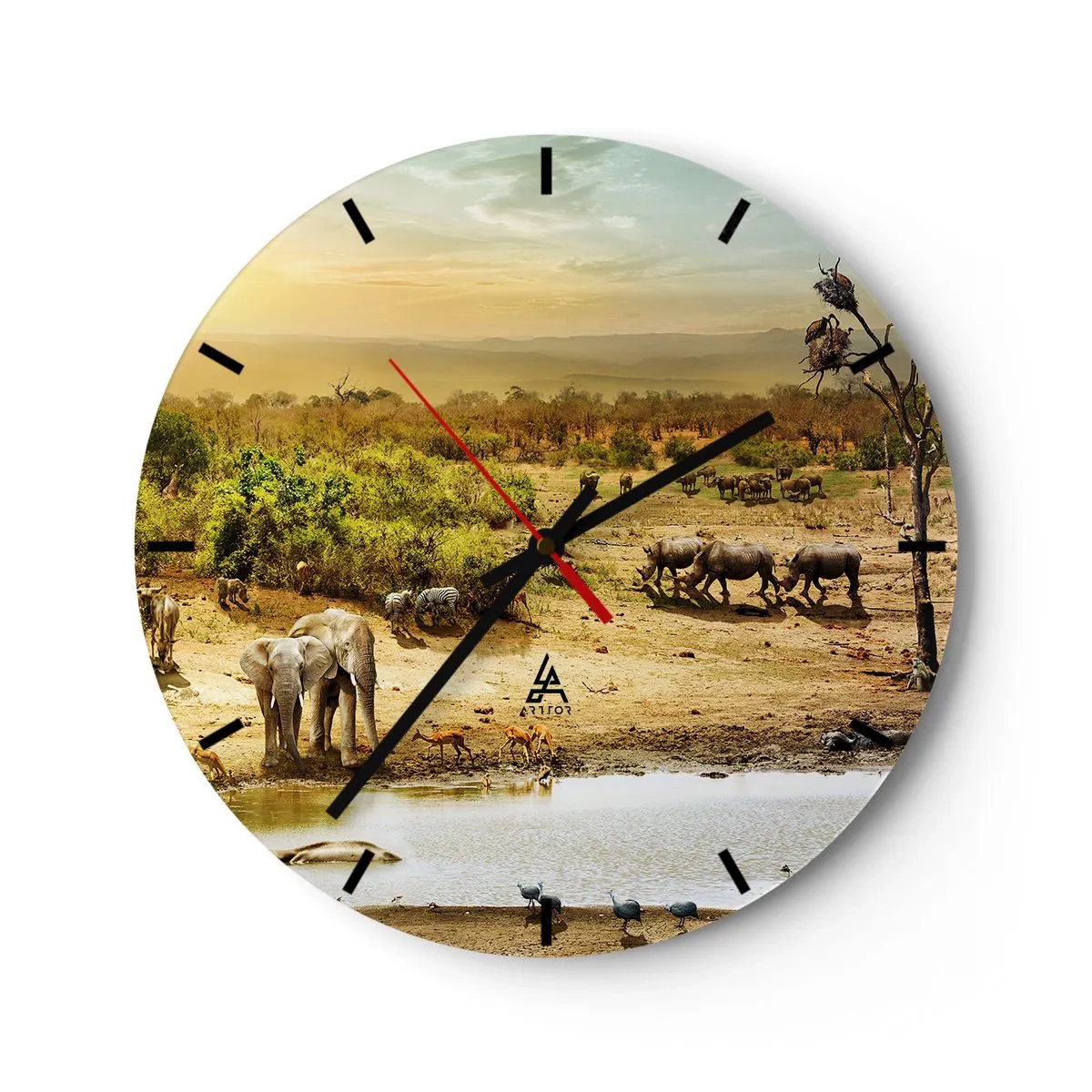 Ceas de perete - Ceas pe sticlă - Savannah cu animale sălbatice la o adăpătoare la apus - 30x30cm - "Și din Eden curgea un râu..." - Decorațiune modernă pentru perete pentru living, bucătărie și dormitor ARTTOR