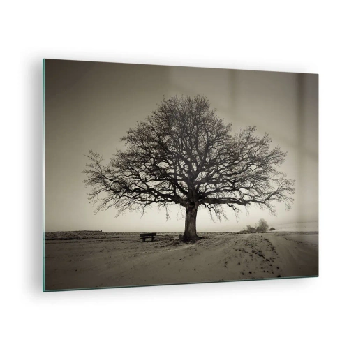 Tablou pe sticlă - Un copac singuratic într-un peisaj monocromatic - 70x50cm - De aici până în veșnicie - Decorațiune modernă pentru perete pentru living și dormitor ARTTOR