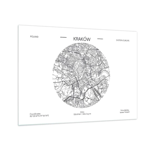 Tablou pe sticlă - O hartă a Cracoviei într-un stil ilustrativ alb-negru - 70x50cm - Anatomia Cracoviei - Decorațiune modernă pentru perete pentru living și dormitor ARTTOR