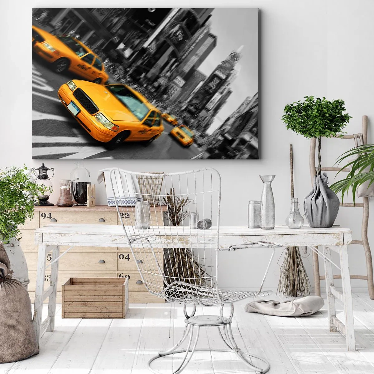 Tablou pe pânză Canvas - Taxiuri galbene la o intersecție aglomerată a orașului - 70x50cm - Picături de soare la New York - Decorațiune modernă pentru perete pentru living și dormitor ARTTOR