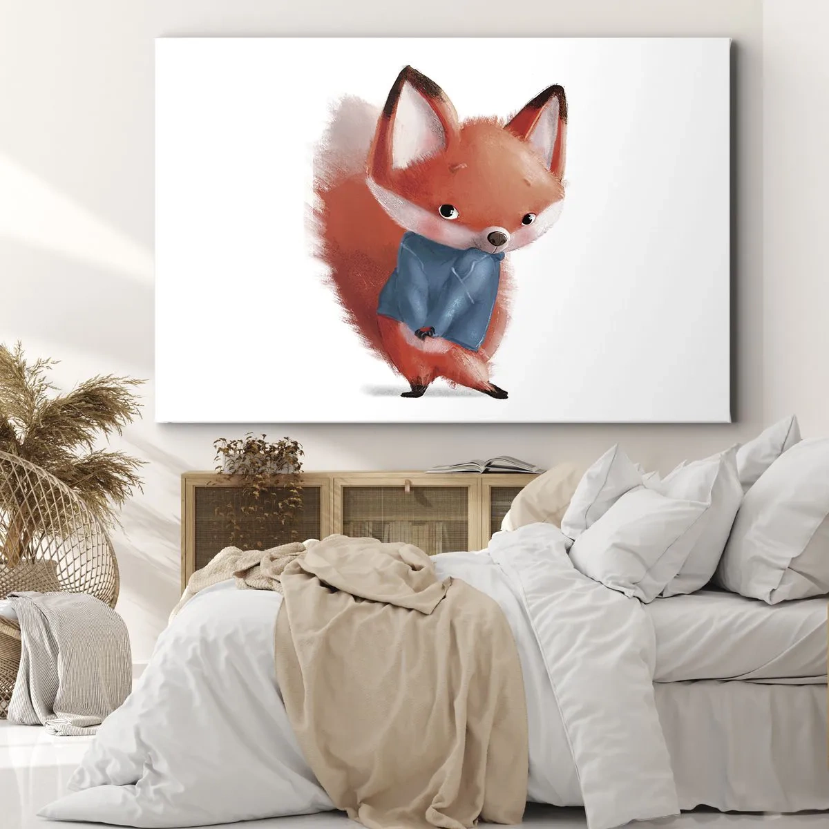 Tablou pe pânză Canvas - O vulpe drăguță într-un costum albastru - 70x50cm - Îmi vine bine? - Decorațiune modernă pentru perete pentru living și dormitor ARTTOR