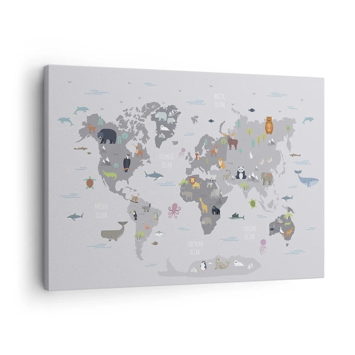Tablou pe pânză Canvas - O hartă a lumii cu ilustrații cu animale pe fundal gri - 70x50cm - Spune-mi de unde ești... - Decorațiune modernă pentru perete pentru living și dormitor ARTTOR
