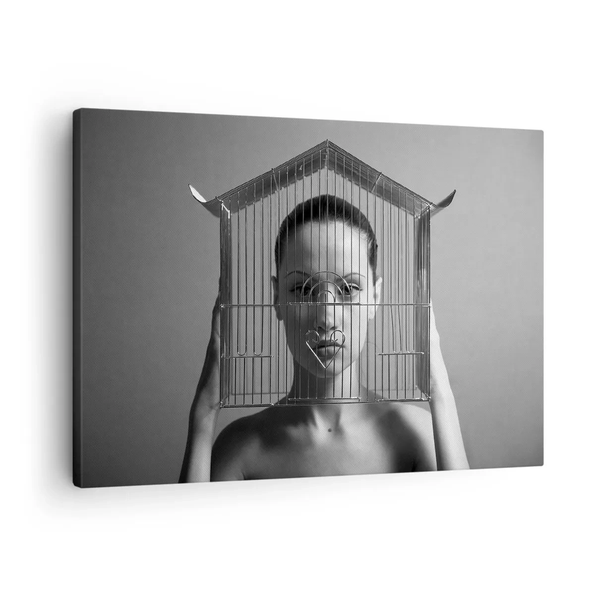 Tablou pe pânză Canvas - Femeie în spatele unei cuști într-un stil suprarealist - 70x50cm - Un portret oarecum suprarealist - Decorațiune modernă pentru perete pentru living și dormitor ARTTOR