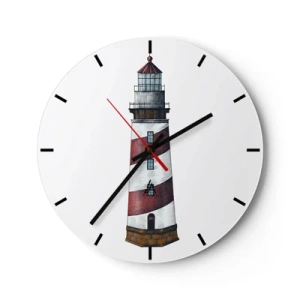 Ceas de perete - Ceas pe sticlă - Un far cu dungi roșii și albe pe fundal alb - 30x30cm - Întotdeauna de veghe - Decorațiune modernă pentru perete pentru living, bucătărie și dormitor ARTTOR