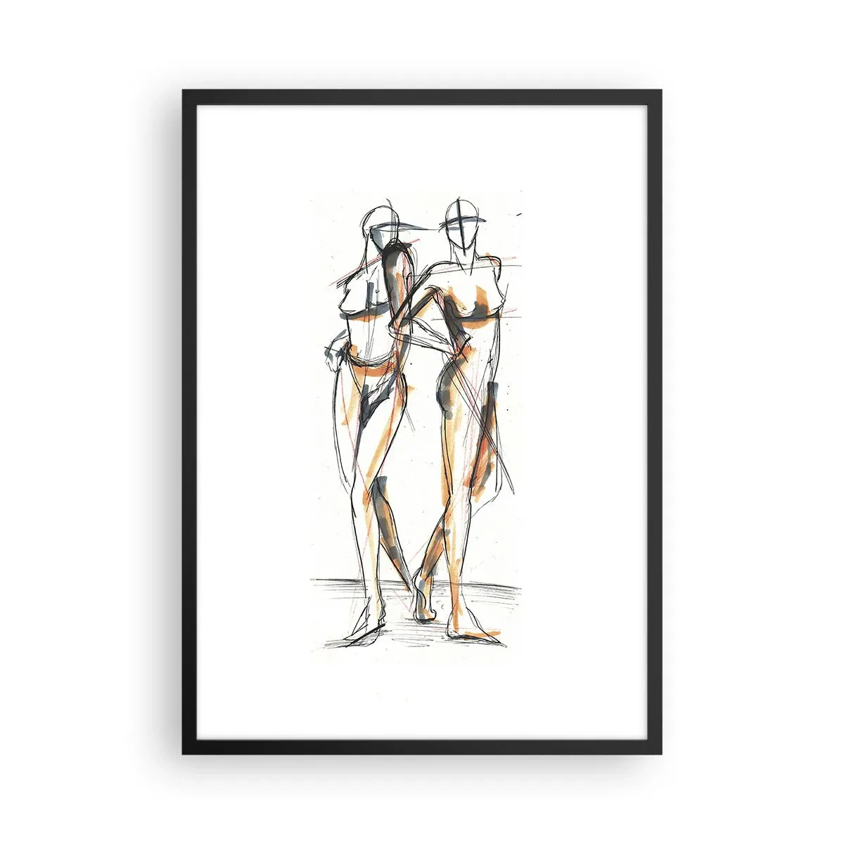 Poster în ramă neagră - Schiță abstractă a două figuri în culori calde. - 50x70cm - Un studiu de farmec - Decorațiune modernă pentru perete pentru living și dormitor ARTTOR