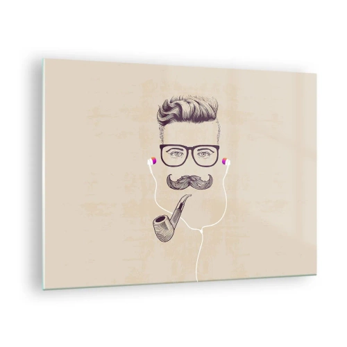Tablou pe sticlă - Un desen al unui bărbat stilizat cu ochelari, mustață și pipă. - 70x50cm - Un bărbat adevărat? - Decorațiune modernă pentru perete pentru living și dormitor ARTTOR