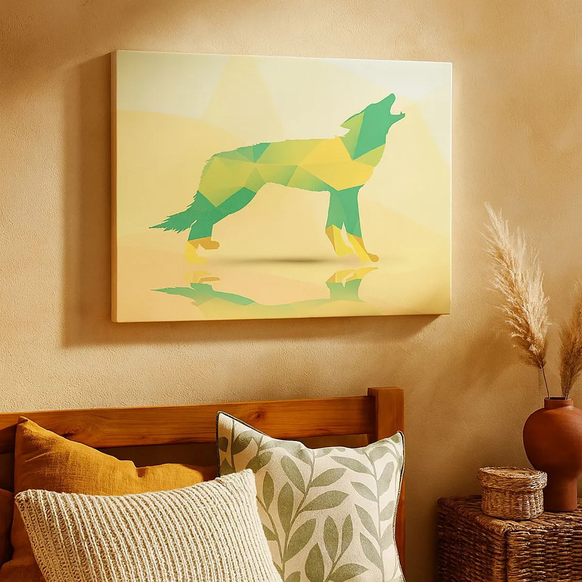 Tablou pe pânză Canvas - Siluetă geometrică de lup în nuanțe de verde și galben - 70x50cm - Lupul singuratic - Decorațiune modernă pentru perete pentru living și dormitor ARTTOR