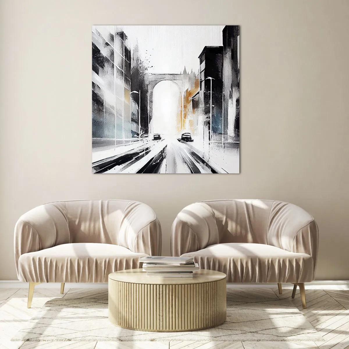 Tablou pe sticlă - Studiu de oraș: arhitectură și mișcare - 60x60 cm