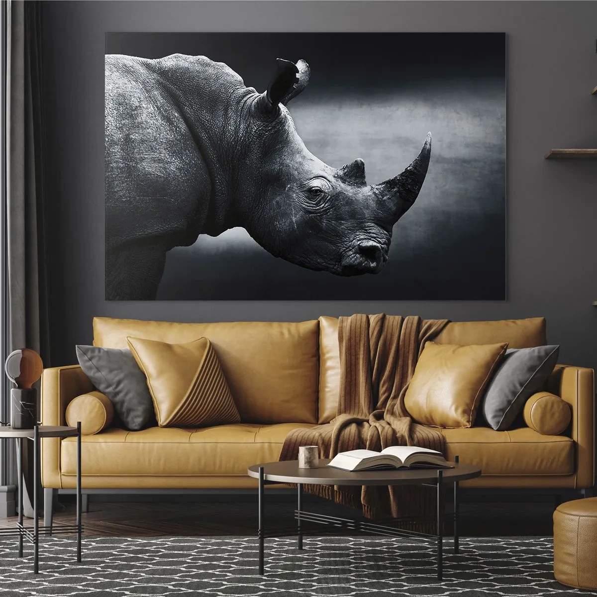 Tablou pe sticlă - Fotografie alb-negru a unui rinocer - 70x50cm - Profil drept - Decorațiune modernă pentru perete pentru living și dormitor ARTTOR