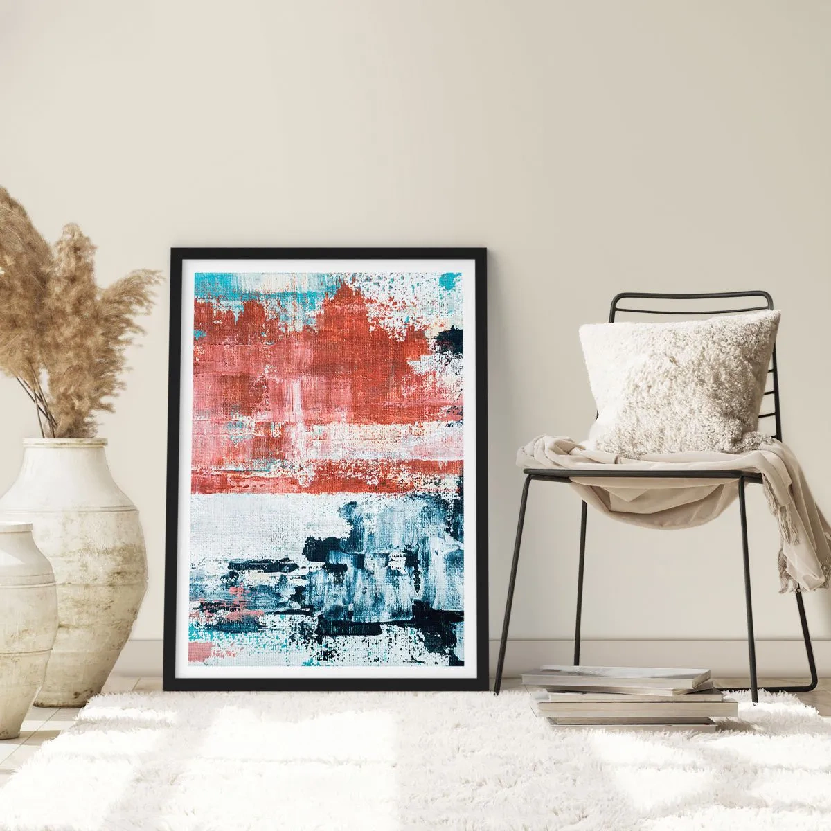 Poster în ramă neagră - Compoziție abstractă în nuanțe de roșu, alb și albastru - 50x70cm - Jumi-juma abstract - Decorațiune modernă pentru perete pentru living și dormitor ARTTOR