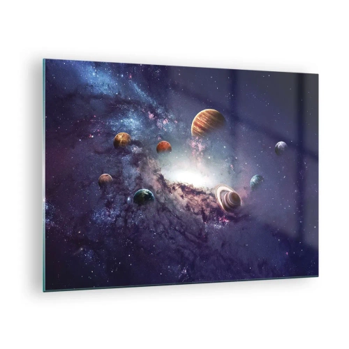 Tablou pe sticlă - O viziune fantezistă a planetelor care se rotesc în spațiu - 70x50cm - Sistemul de dans solar - Decorațiune modernă pentru perete pentru living și dormitor ARTTOR