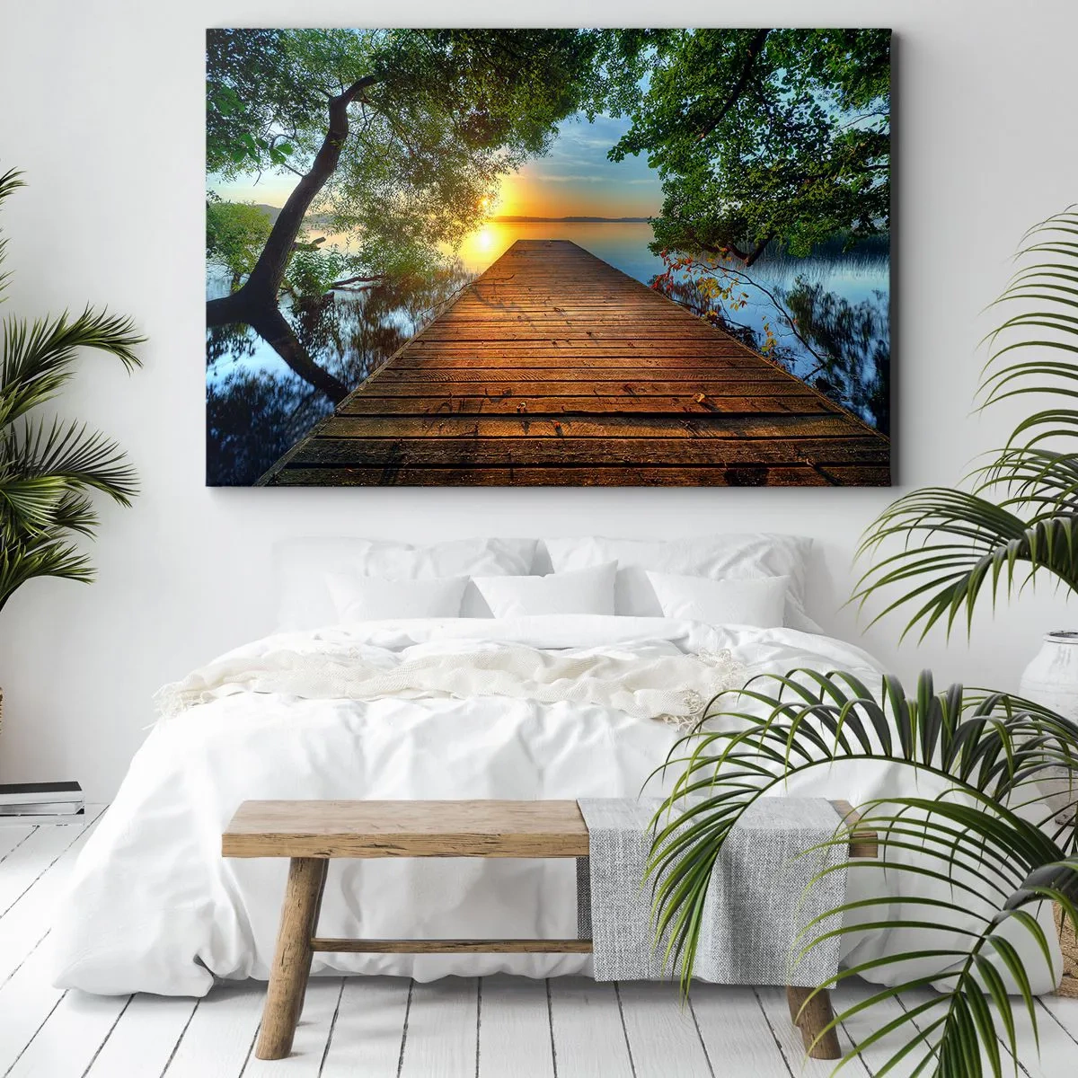Tablou pe pânză Canvas - Un dig de lemn înconjurat de verdeață la apus - 70x50cm - Nu te grăbi, stai jos - Decorațiune modernă pentru perete pentru living și dormitor ARTTOR