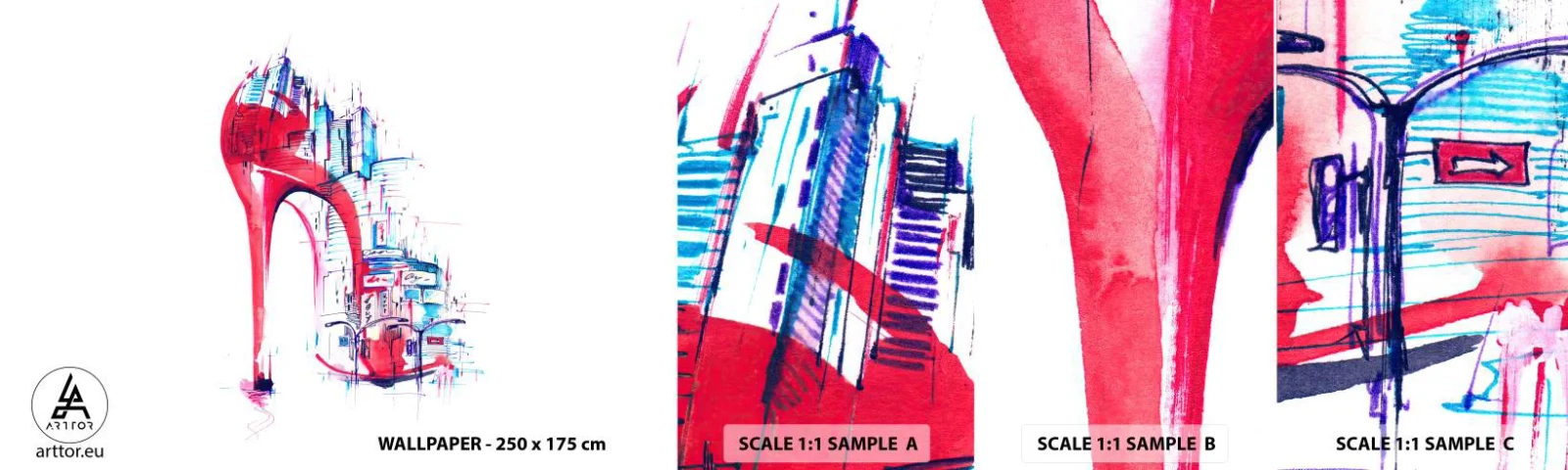 Mostră de Tapet Standard Eco - Eleganta din marele oraș - Abstracția, Arhitectură, Pantofi de dama - 100x30 cm