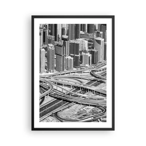 Poster în ramă neagră - Panoramă a orașului cu rețeaua rutieră în stil alb-negru - 50x70cm - Dubai - orașul imposibil - Decorațiune modernă pentru perete pentru living și dormitor ARTTOR